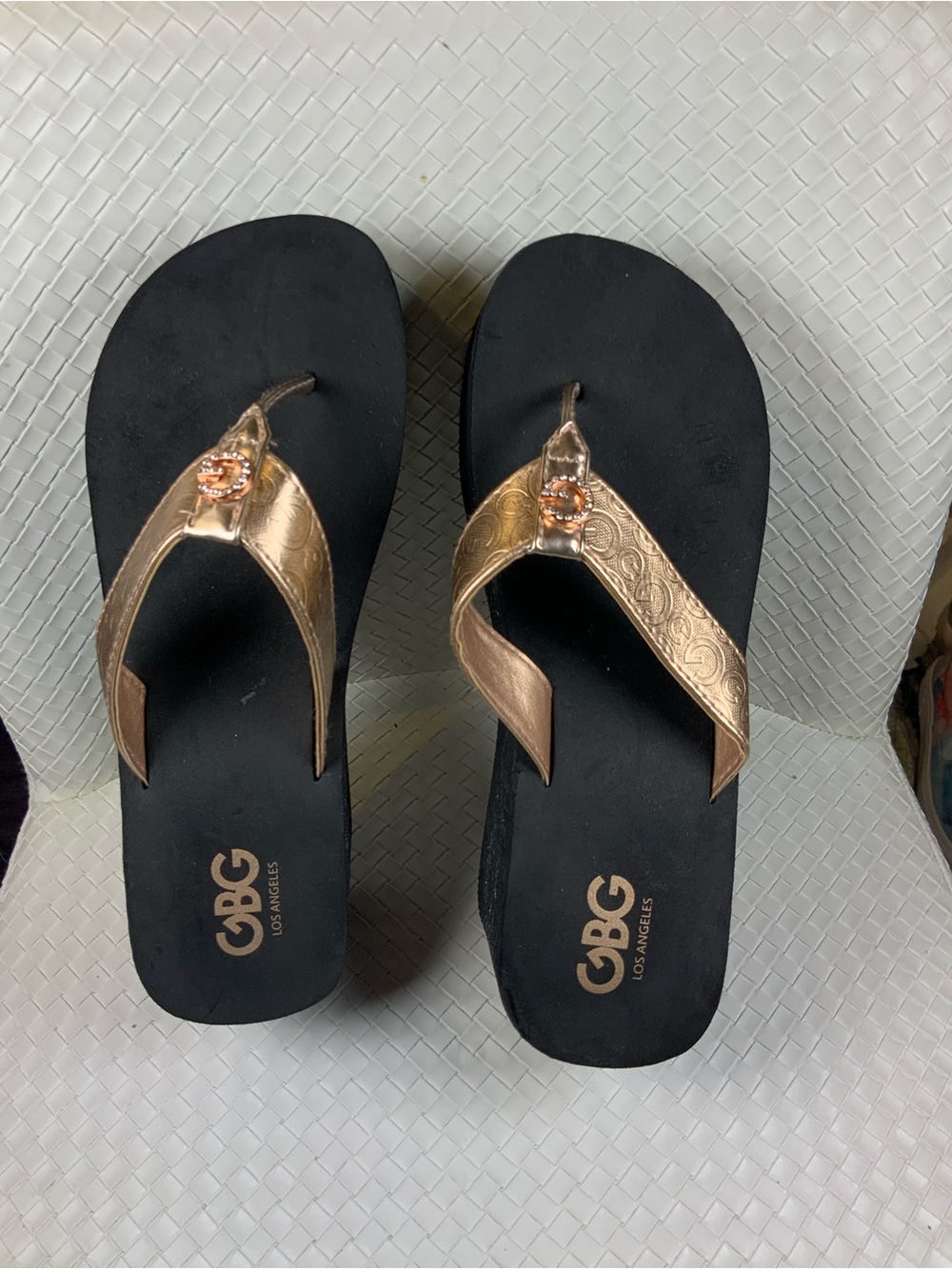 GBG Los Angeles Rose Gold Embellished Thong Sandals